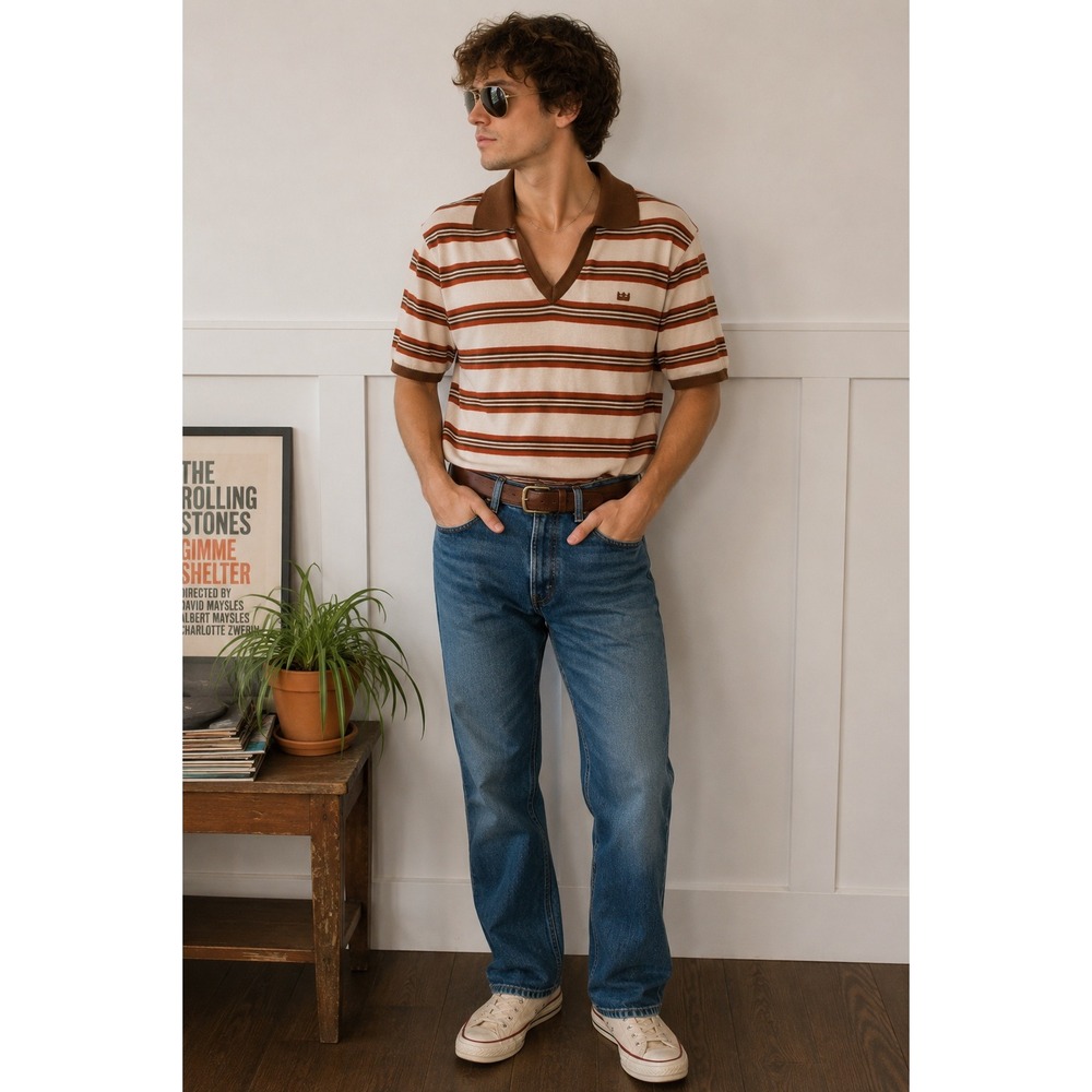 Vintage Kings Road Sears Mens Striped V-Neck Polo Shirt Brown Orange Medium 70s